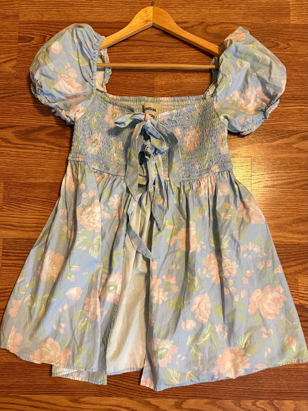 Smocked Puff-Sleeve Floral Casual Blouse - Light Blue